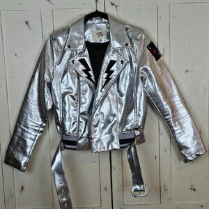 Silver Metallic Moto Jacket Lightning Bolt Graphic Punk Biker Size L